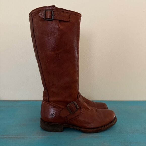 Frye Veronica Slouch Brown Tan Leather Engineer Moto Tall Buckle Boot Size 8.5 - Picture 1 of 12